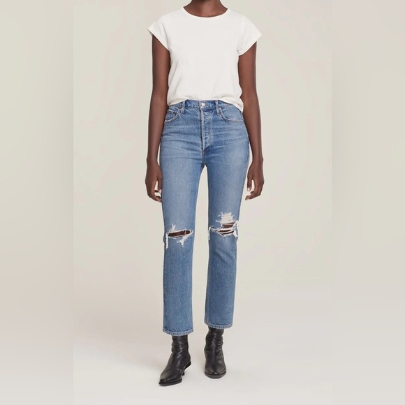 Agolde Denim Women’s Riley High Rise Distressed Straight Crop Jeans Whiplash 30 - Picture 1 of 14